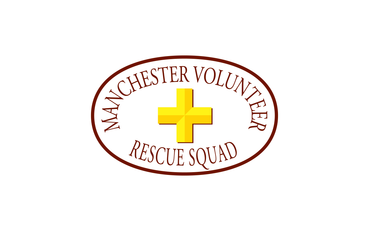 Oval logo with a yellow 3D medical cross in the center and brown text around it reading "Manchester Volunteer Rescue Squad," all on a white background.